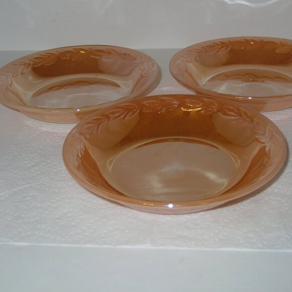 3 Vintage Fire King Peach Luster Laurel Leaf BOWLS Oven Ware 7.5"x1.4" T USA  H - Picture 2 of 4